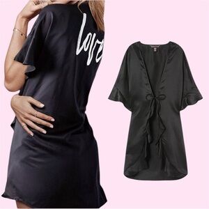 VS Victoria’s Secret Black Satin Kimono Robe with Love Script